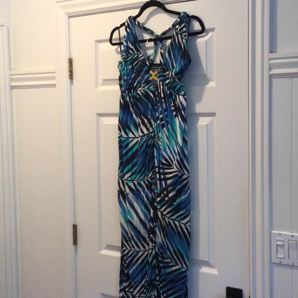 Trina Turk halter maxi dress with gold cross detail in the front